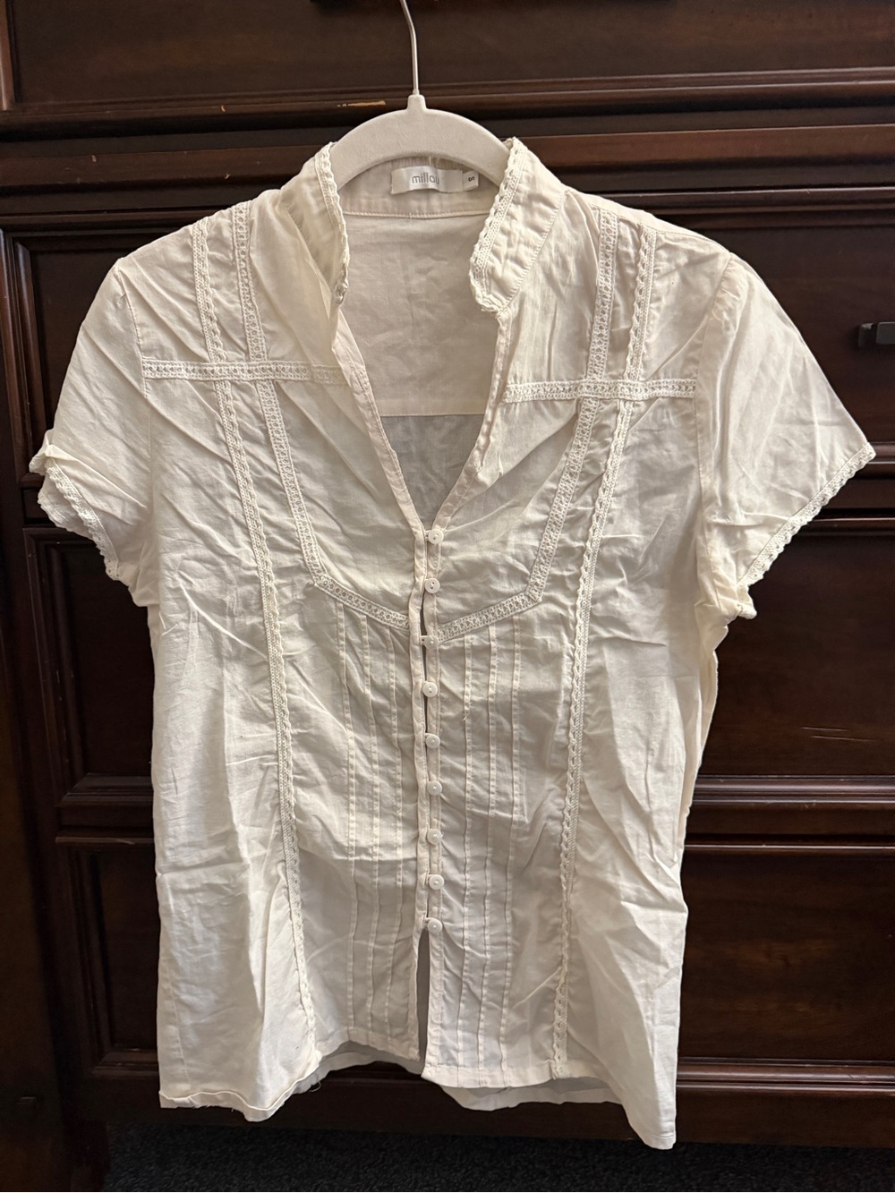 Millau Cream Short-Sleeve Button-Front Blouse with Pintuck & Lace